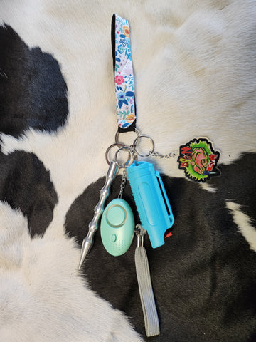 Self defense keychain with blue flower wristlet