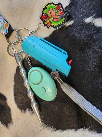 Self defense keychain with blue flower wristlet